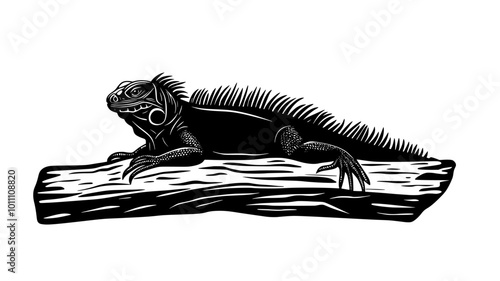 Iguana resting on a wide log, head raised while body remains still, vector illustration art