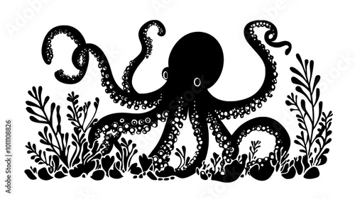 Octopus displaying fully extended tentacles while interacting with nearby sea plants, vector illustration art