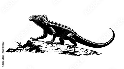 Iguana walking across a rocky surface, tail trailing behind, vector illustration art