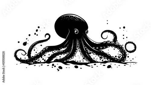 Octopus hovering near seafloor, tentacles moving in coordinated motions, vector illustration art