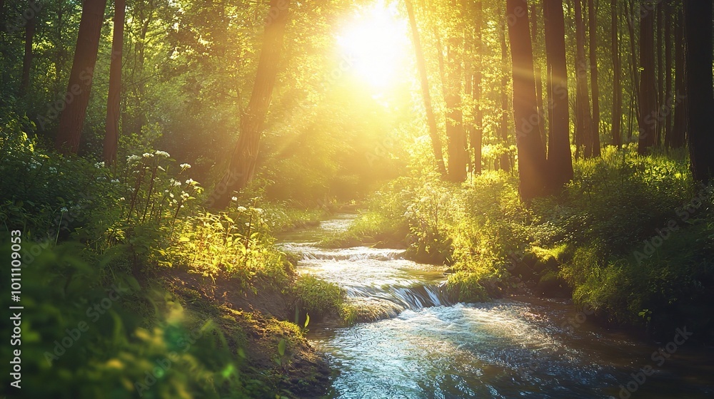 Obraz premium Serene Forest Stream with Sunlight Glimmering