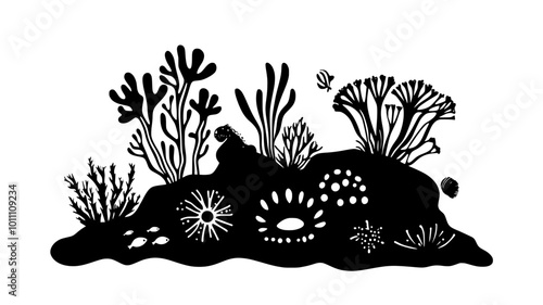 Barnacle near marine organisms on submerged rock, vector illustration art