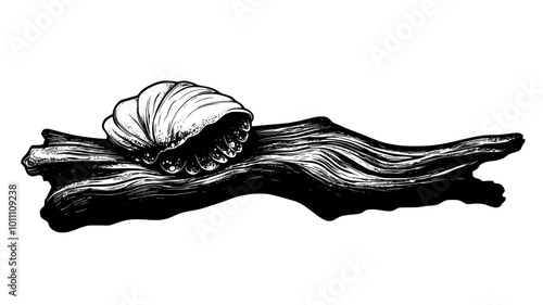 Barnacle attached to driftwood near waterline, vector illustration art