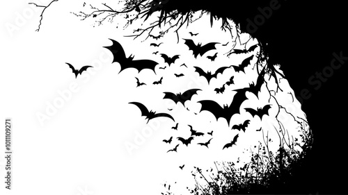 Bats emerging from a cave entrance at dusk in a swarm, vector illustration art