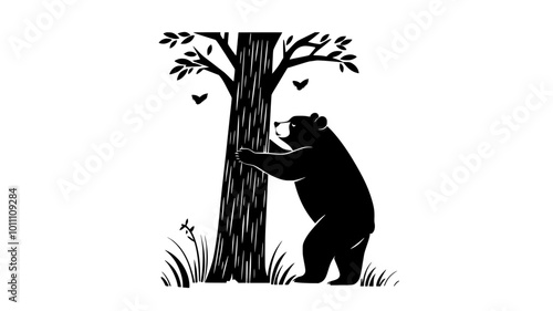 Bear marking territory by clawing and rubbing tree trunk, vector illustration art