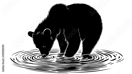 Bear drinking from a stream, with ripples around its mouth, vector illustration art