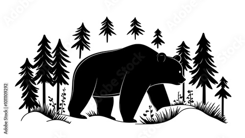 Bear emerging from den after winter hibernation, vector illustration art