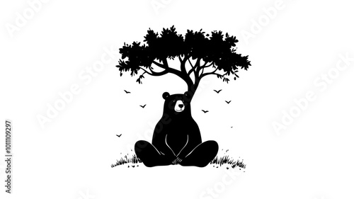 Bear sitting at the base of a tree, legs spread, relaxed posture, vector illustration art