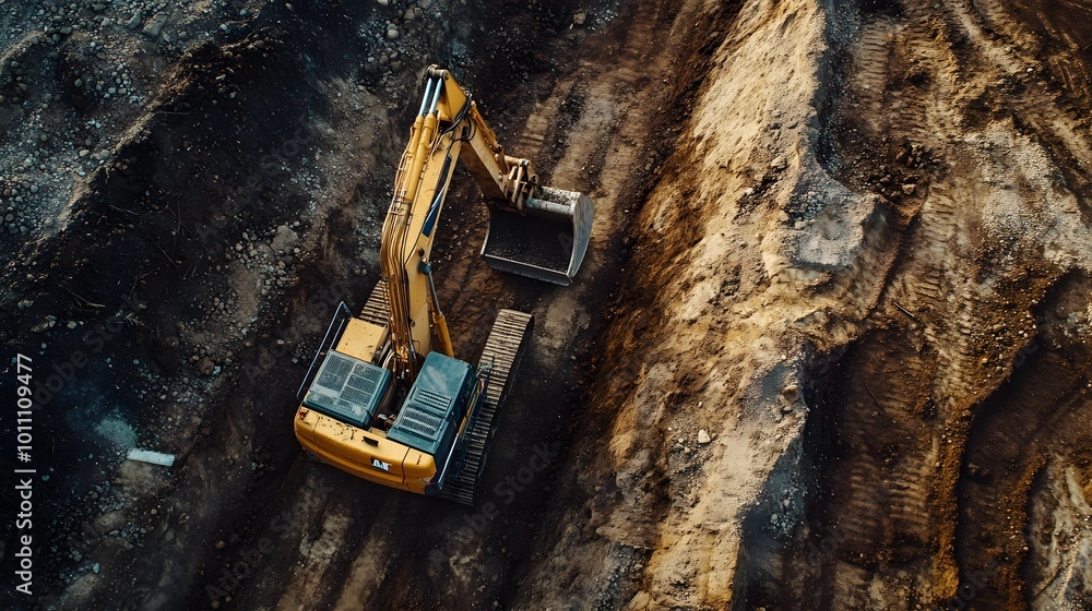 A Caterpillar excavator is digging a trench. Concept of hard work and determination as the machine digs through the dirt A Caterpillar excavator is digging a trench. Concept of hard work and determination as the machine digs through the dirt