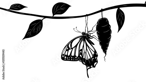 Butterfly emerging from chrysalis hanging from a plant stem, vector illustration art