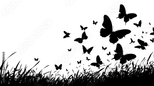 Butterflies flying in formation across an open field, vector illustration art