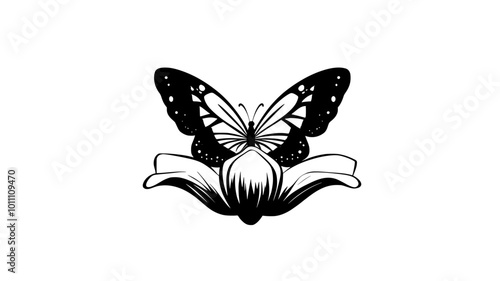 Butterfly perched on a flower petal with wings spread open, vector illustration art