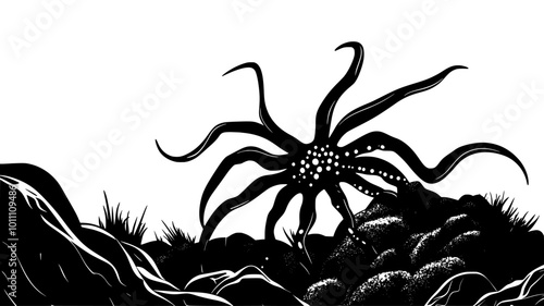 A brittle star rests on a rocky surface, arms extended outward, vector illustration art
