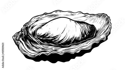 A close-up of an oyster shows the ridges and grooves of its outer shell, vector illustration art