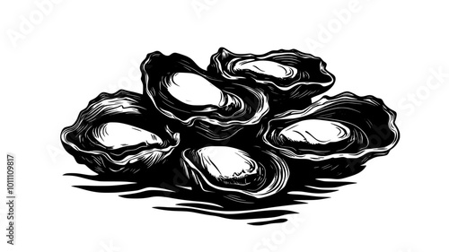 A cluster of oysters grow on a submerged object, their shells layered closely together, vector illustration art