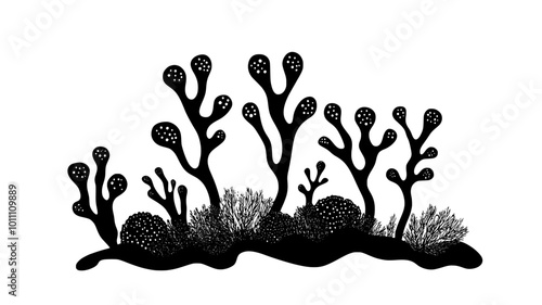 Coral larvae settling on substrate in early stages of growth, vector illustration art