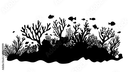 A coral reef complex spread across the ocean floor, with small marine organisms nestled among its structures, vector illustration art