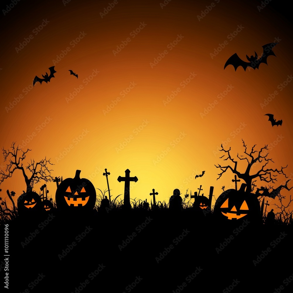Halloween. Spooky Background with Carved Pumpkins, Crosses, Bats Silhouettes on Orange Background. Halloween. Spooky Background with Carved Pumpkins, Crosses, Bats Silhouettes on Orange Background.