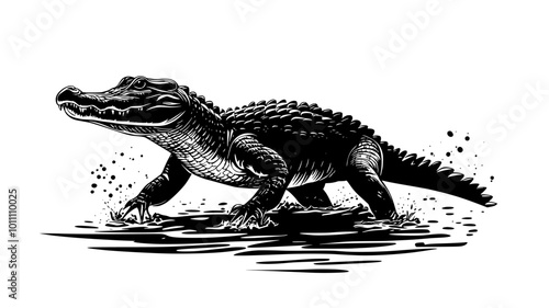 Crocodile emerging from water, legs pushing against muddy ground, vector illustration art