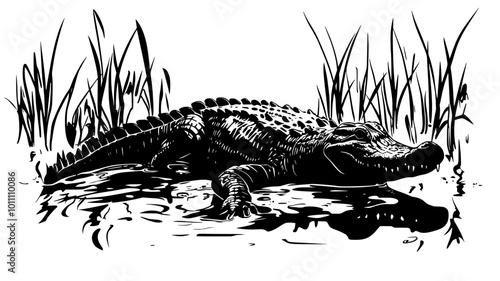 Crocodile submerged in mud during the dry season, vector illustration art