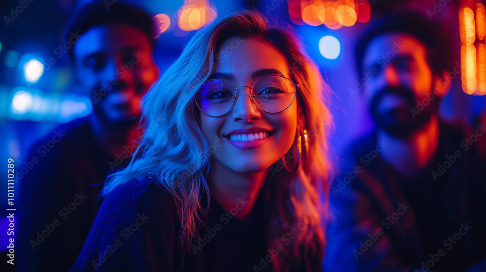 Portrait of a confident woman with curly hair and glasses in a vibrant neon-lit setting, colorful lights creating a moody urban atmosphere. Portrait of a confident woman with curly hair and glasses in a vibrant neon-lit setting, colorful lights creating a moody urban atmosphere.
