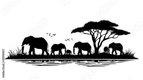 Elephants gather around a watering hole in the savanna, showcasing social bonds, vector illustration art