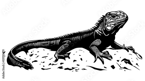 Female iguana guarding a nest site in the sand, vector illustration art