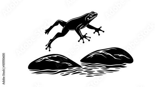 Frog mid-leap between two rocks in a stream, vector illustration art