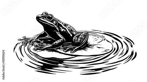 Frog perched on a lily pad in a pond with water lilies, vector illustration art