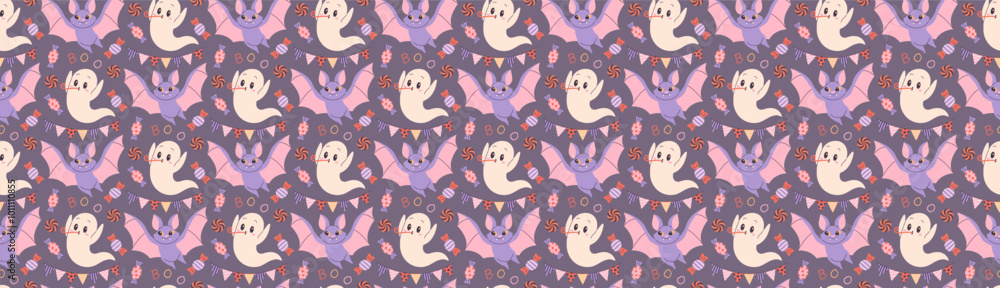Naklejka premium Halloween character pattern. Cute ghost and bat repeating background. 