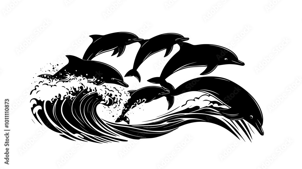 Group of dolphins riding a wave, moving effortlessly within the crest, vector illustration art Group of dolphins riding a wave, moving effortlessly within the crest, vector illustration art
