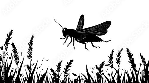 A grasshopper is mid-leap, moving swiftly between plants in a wide open field, vector illustration art