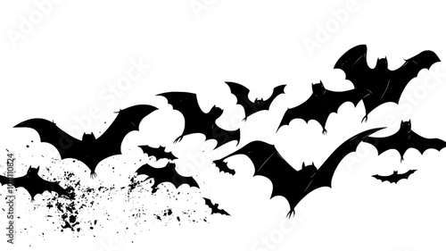 Group of bats flying across the sky at dusk, wings spread wide in flight, vector illustration art