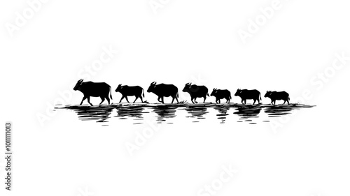 Herd matriarch leading the group through a river crossing, vector illustration art