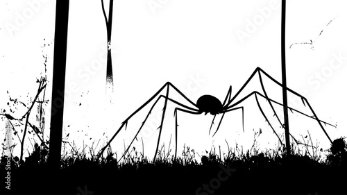 Harvestman walking across a forest floor, with long legs stretched out, vector illustration art