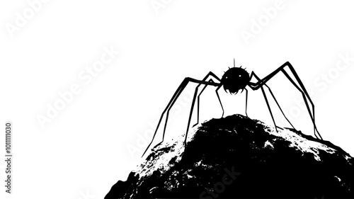 Harvestman standing motionless on a rock, legs extended in multiple directions, vector illustration art