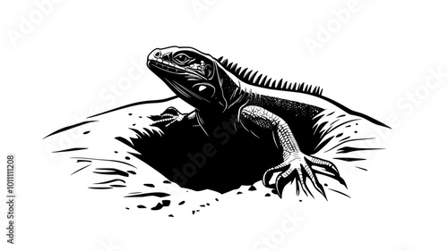 Iguana digging a nest hole in the sand with its hind legs, vector illustration art