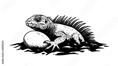 Iguana hatchling emerging from a buried egg, vector illustration art