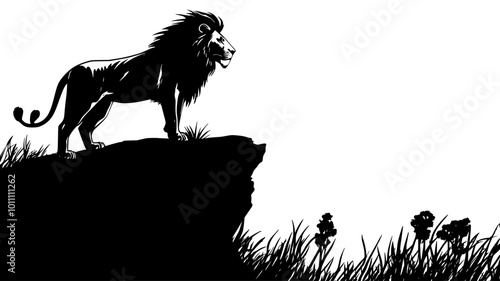 A lion stands majestically on a rock outcropping, overlooking a vast savanna landscape, vector illustration art