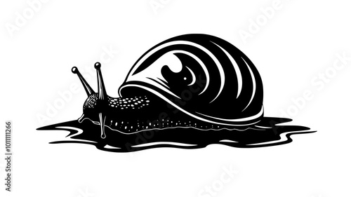 Large snail moving along a wet surface, foot pressing down against the ground, vector illustration art