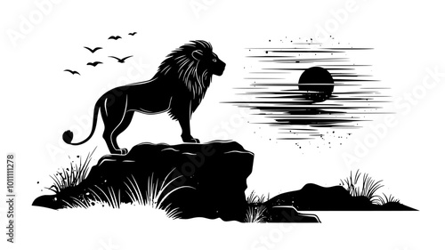 A lion stands majestically on a rock outcropping, overlooking a vast savanna landscape, vector illustration art