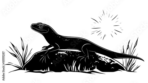 Lizard basking in the sun on a boulder with legs splayed, vector illustration art
