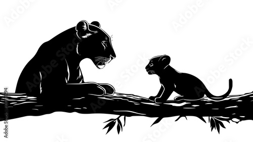 A lioness grooms her cub on a fallen tree trunk, demonstrating affection, vector illustration art