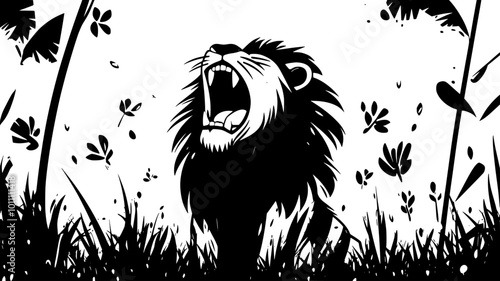 Male lion roaring with its mouth wide open on a grassy plain, vector illustration art