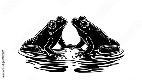 Pair of frogs in amplexus position floating on pond surface, vector illustration art