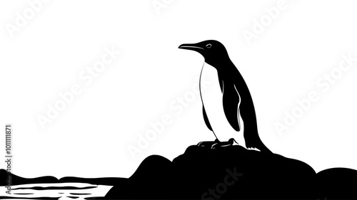 A penguin rests on a rock, facing the ocean, flippers hanging loosely by its sides, vector illustration art