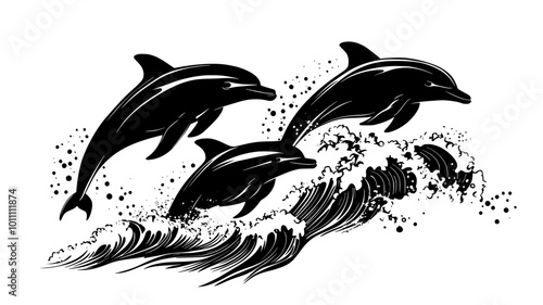 A pod of dolphins leaps out of ocean waves in unison, showcasing their playful spirit, vector illustration art