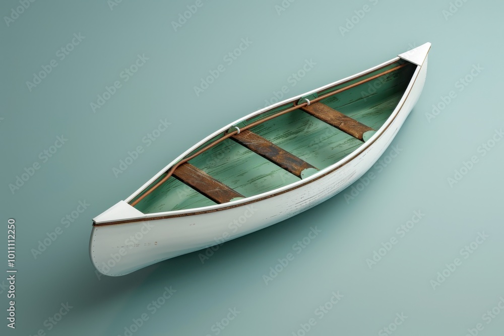 A simple wooden boat rests on a smooth teal surface, showcasing its features and craftsmanship in a minimalist setting A simple wooden boat rests on a smooth teal surface, showcasing its features and craftsmanship in a minimalist setting