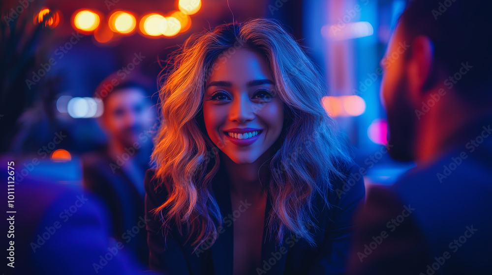 Smiling woman with wavy blonde hair in a neon-lit environment, surrounded by colorful lights, creating a cheerful and trendy atmosphere. Smiling woman with wavy blonde hair in a neon-lit environment, surrounded by colorful lights, creating a cheerful and trendy atmosphere.