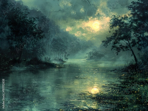 Raining Night in the Forest: Serene Lake and Moonlight